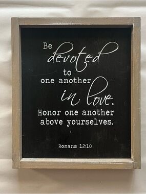 Rustic Farmhouse Bible Verse Wall Decor | Romans 12:10 | Black Wood Sign